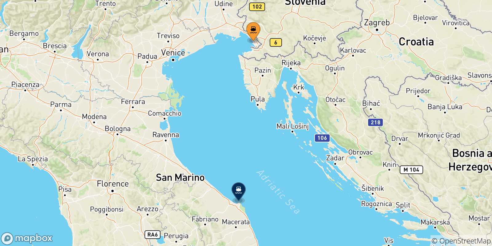 Mapa de las posibles rutas entre Trieste y  Italia
