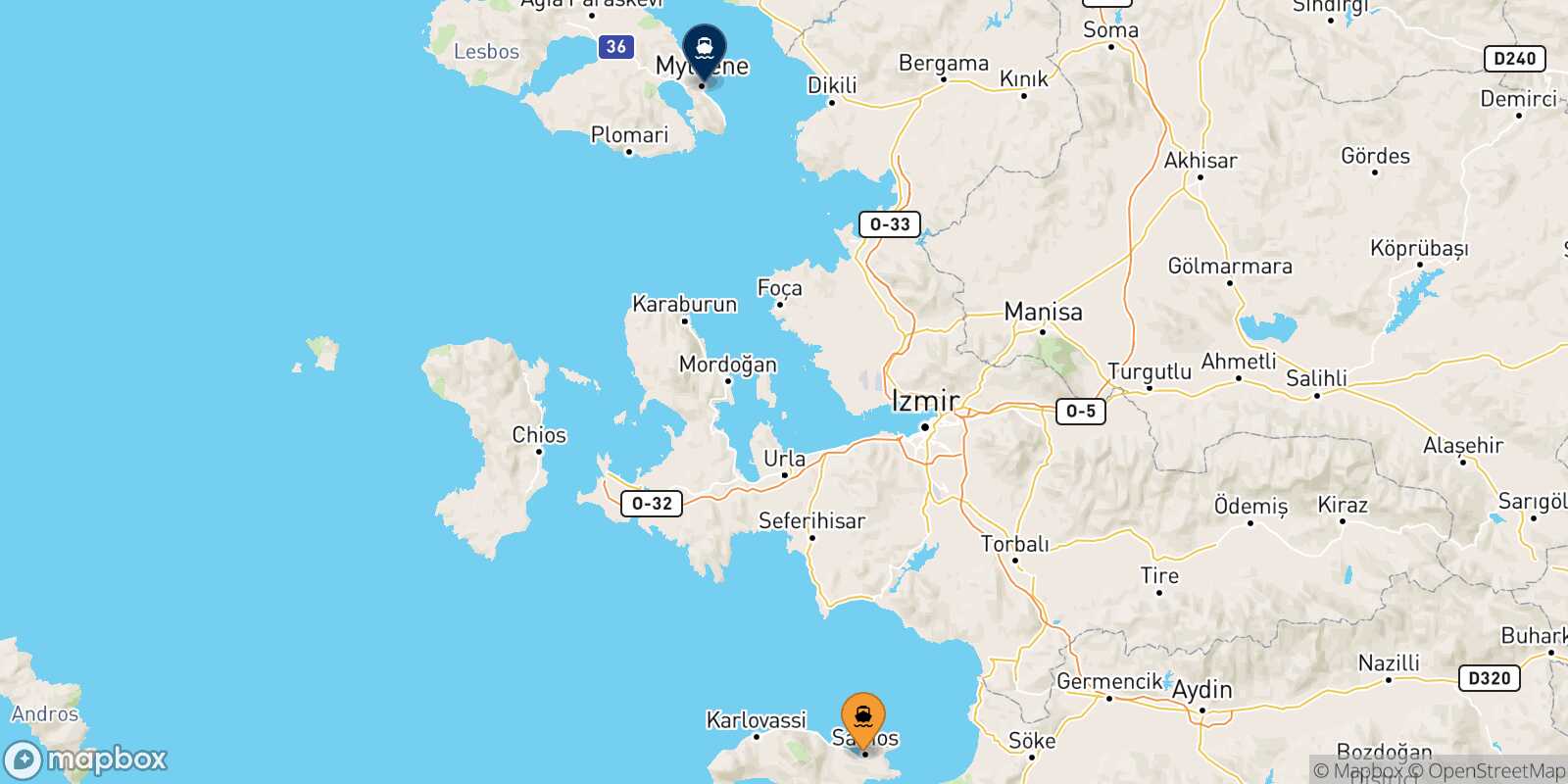 Mapa de la ruta Vathi (Samos) Mytilene (Lesvos)