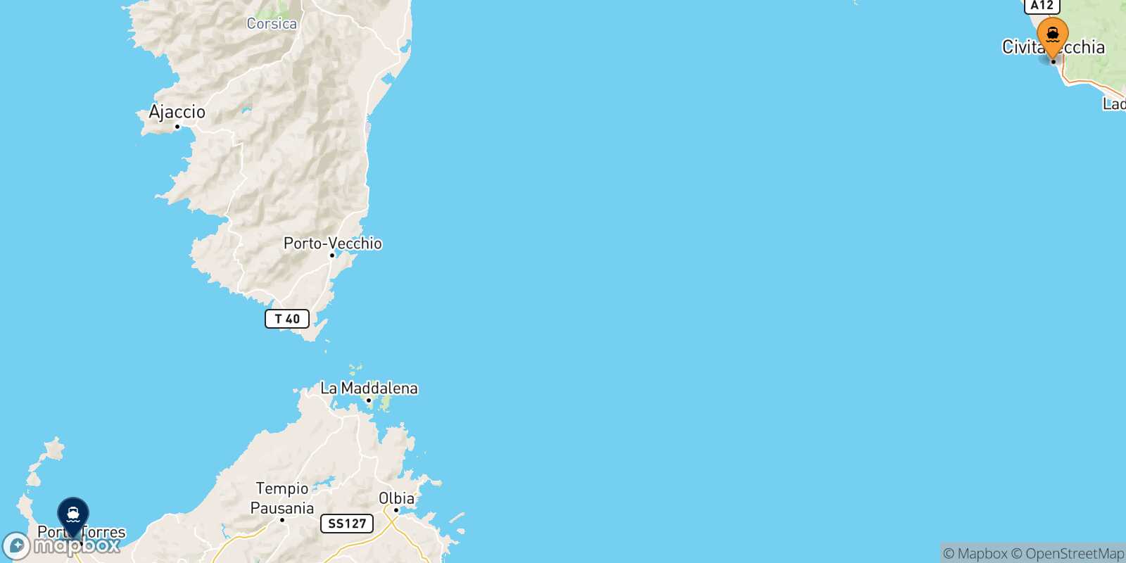 Mapa de la ruta Civitavecchia Porto Torres