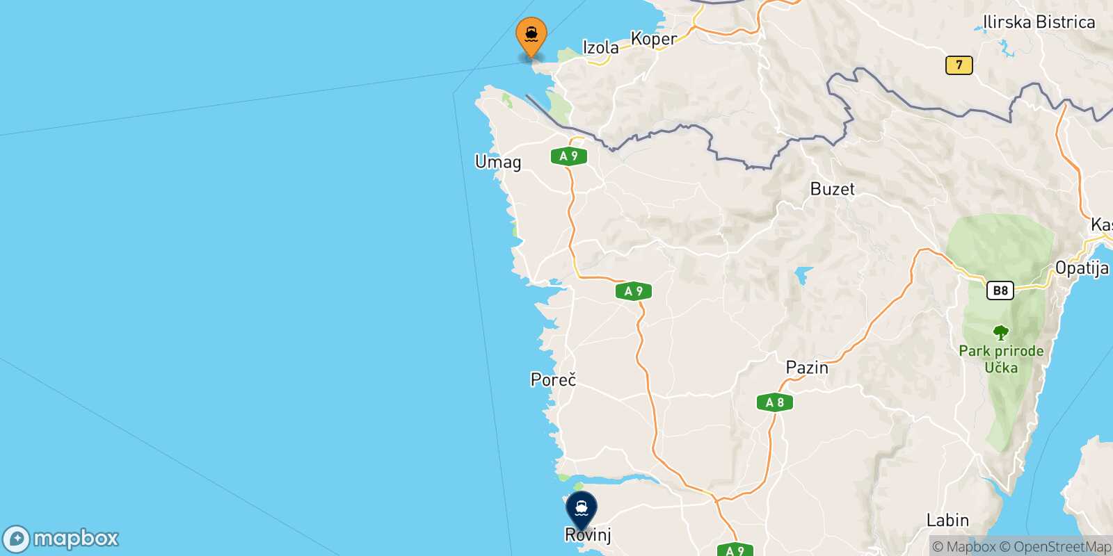 Mapa de la ruta Piran Rovinj