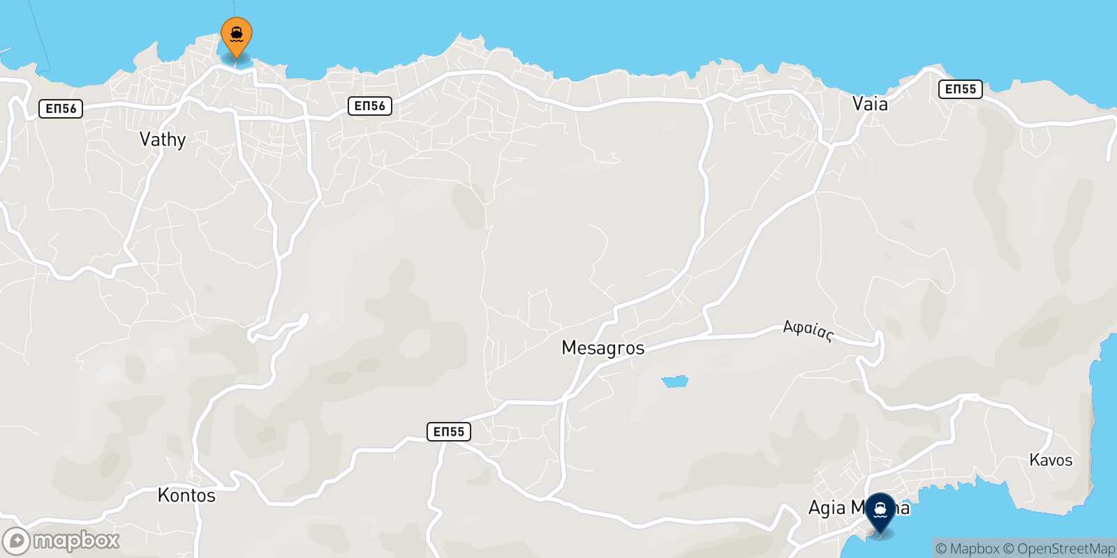 Mapa de los destinos alcanzables de Souvala (Aegina)