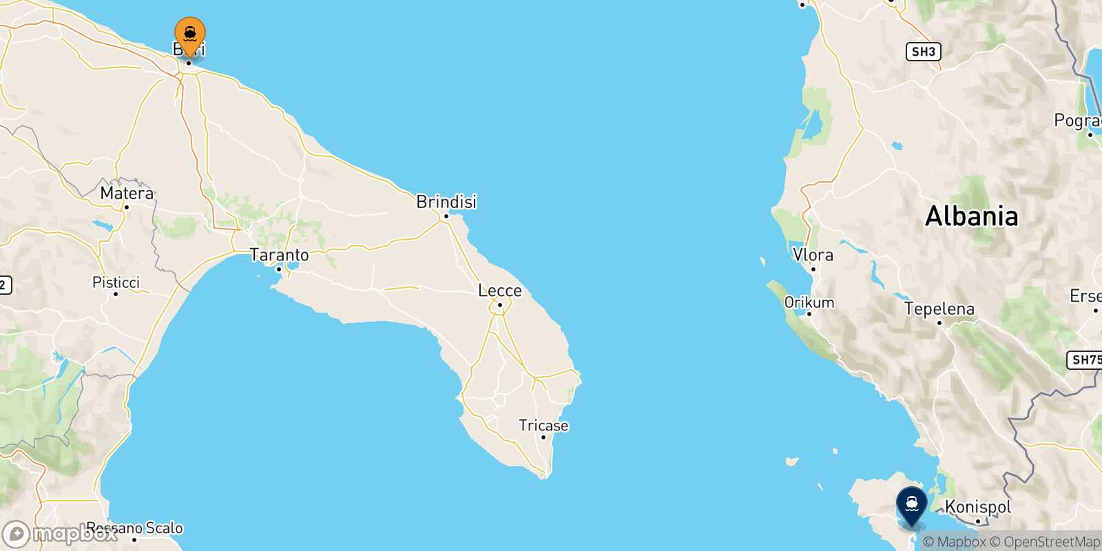 Mapa de la ruta Bari Corfu