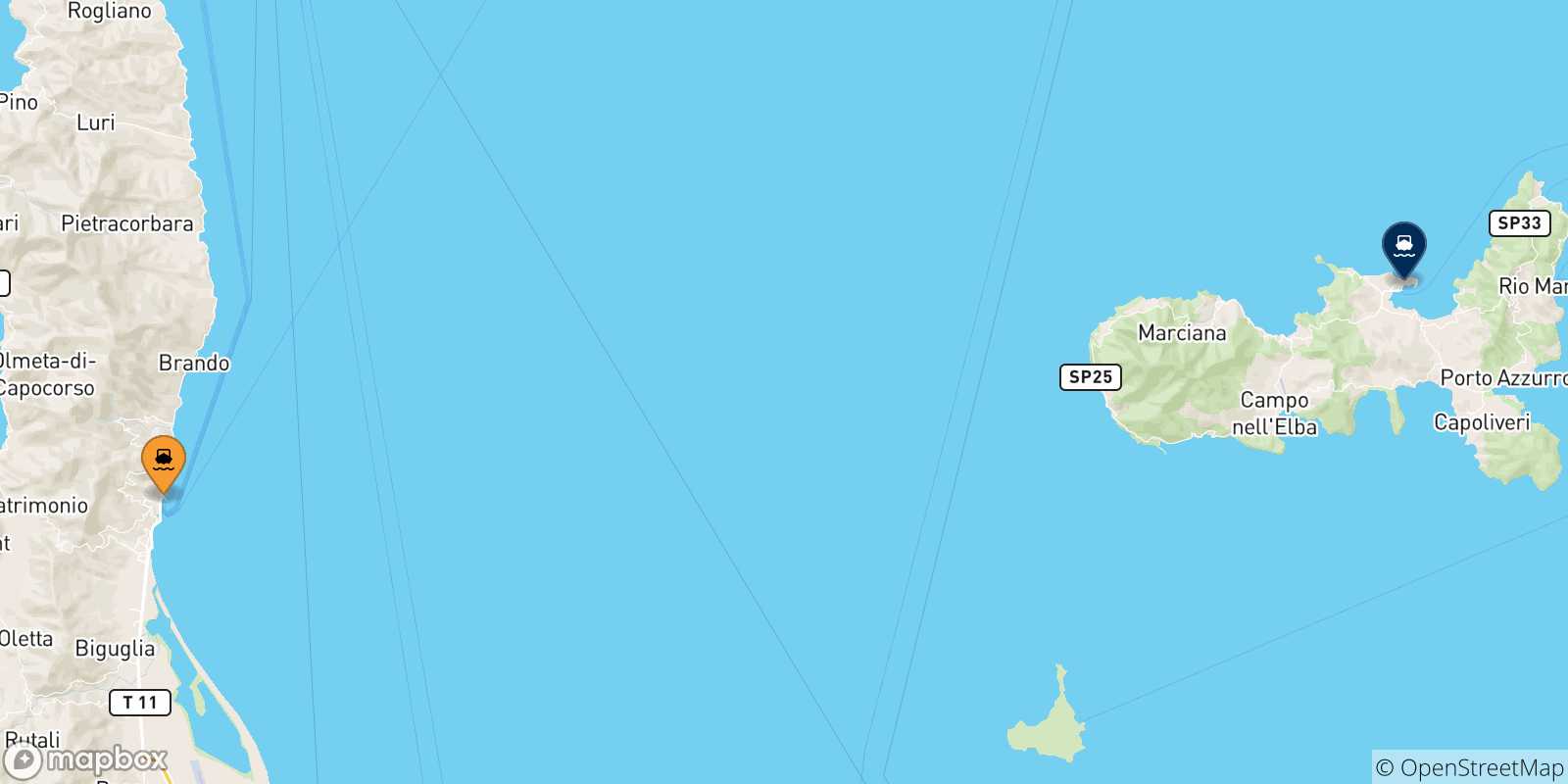 Mapa de las posibles rutas entre Bastia y  Isla De Elba