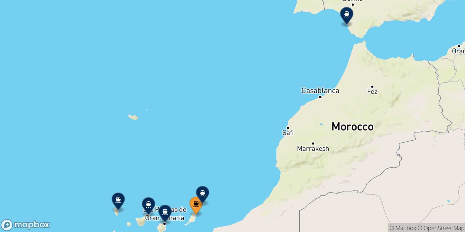 Mapa de los destinos alcanzables de Puerto Del Rosario (Fuerteventura)
