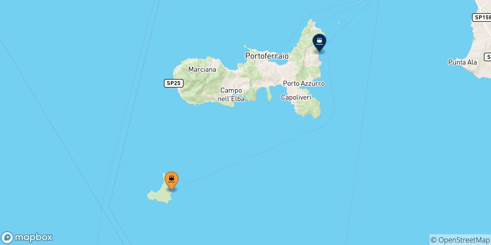 Mapa de las posibles rutas entre Isla De Pianosa y  Isla De Elba