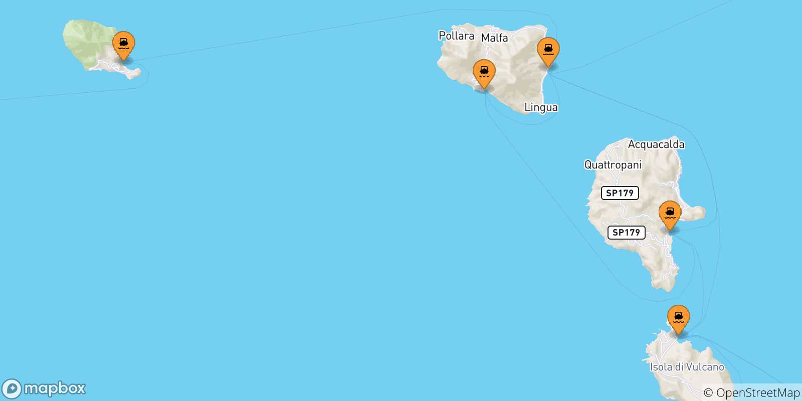 Mapa de las posibles rutas entre Islas Eólicas y  Alicudi