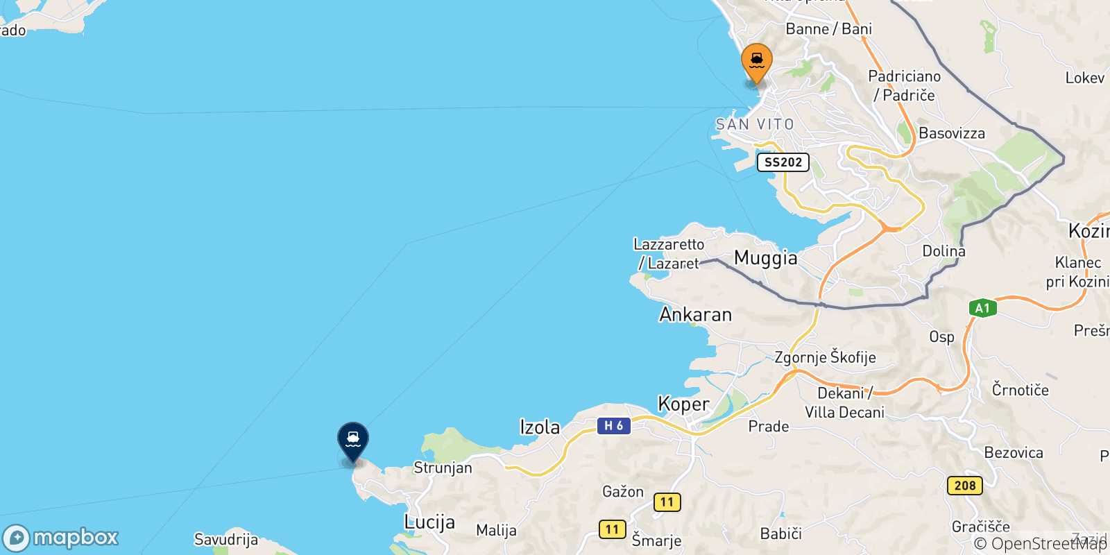 Mapa de las posibles rutas entre Italia y  Piran