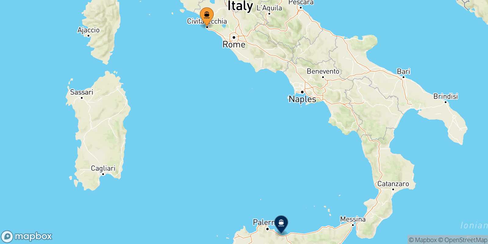 Mapa de la ruta Civitavecchia Termini Imerese