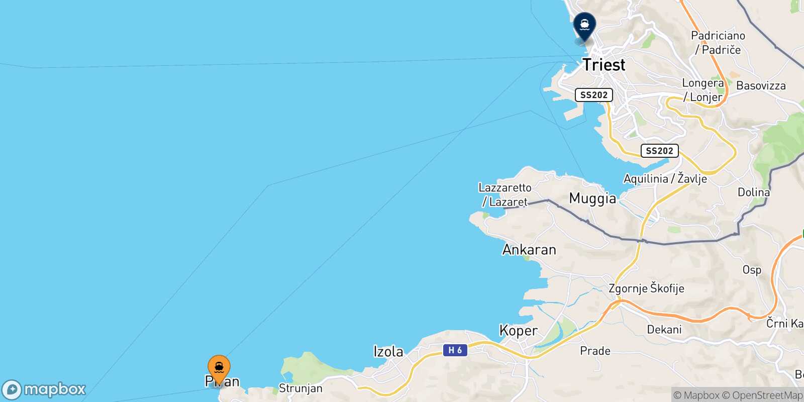 Mapa de la ruta Piran Trieste