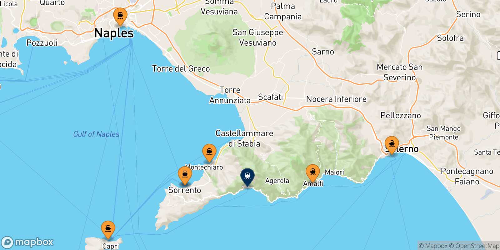 Mapa de los puertos conectados con  Positano