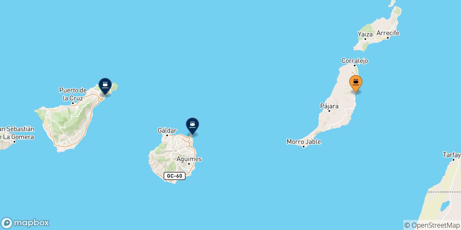 Mapa de las posibles rutas entre Puerto Del Rosario (Fuerteventura) y  España
