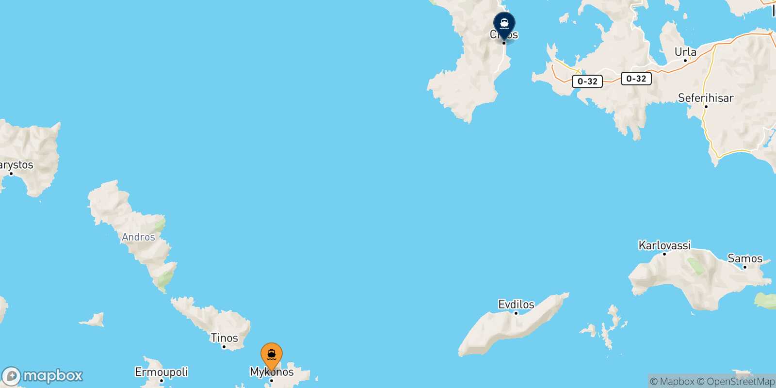 Mapa de la ruta Mykonos Mesta Chios